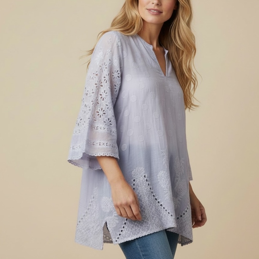 Johnny Was‎ | Marve Eyelet Embroidered Top Periwinkle Lavender Small Boho Beachy
